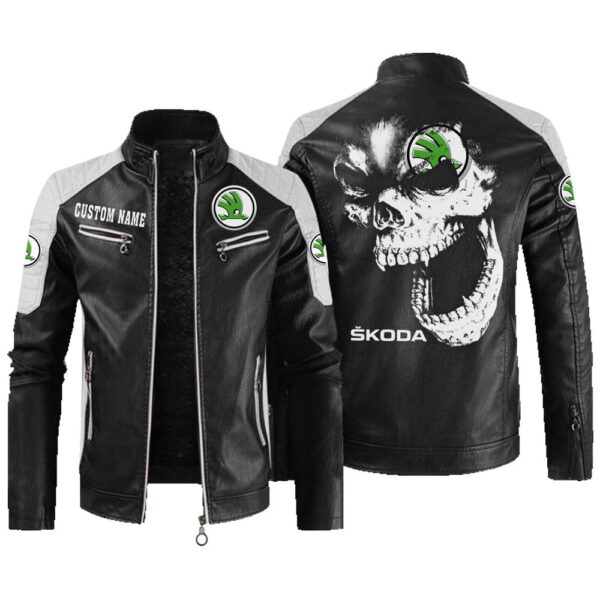 Custom Name Skoda Contrast Leather Jacket - Personalized Logo Car Motorcycle Model