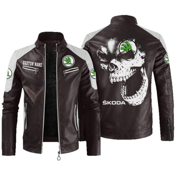 Custom Name Skoda Contrast Leather Jacket - Personalized Logo Car Motorcycle Model - Image 3