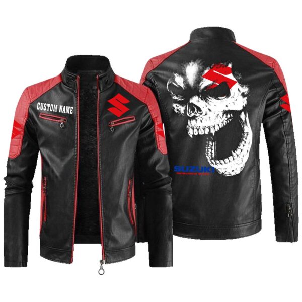 Custom Name Suzuki Contrast Leather Jacket - Personalized Logo Car Motorcycle Model - Image 2