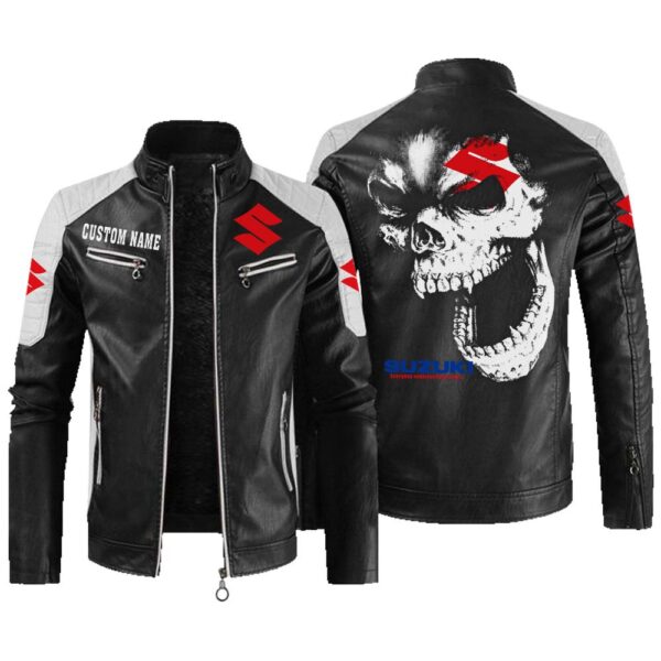 Custom Name Suzuki Contrast Leather Jacket - Personalized Logo Car Motorcycle Model