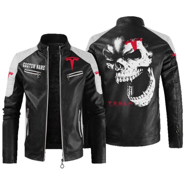 Custom Name Tesla Motors Contrast Leather Jacket - Personalized Logo Car Motorcycle Model