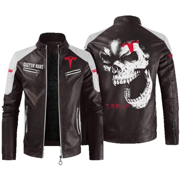 Custom Name Tesla Motors Contrast Leather Jacket - Personalized Logo Car Motorcycle Model - Image 3
