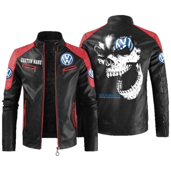 Custom Name Volkswagen Contrast Leather Jacket - Personalized Logo Car Motorcycle Model - Image 2
