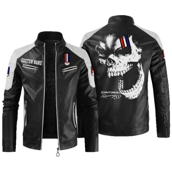 Custom Name Camaro Racing Contrast Leather Jacket - Personalized Logo Car Motorcycle Model