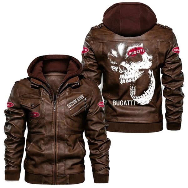 Custom Name Bugatti Skull Leather Jacket - Personalized Logo Car Motorcycle Model - Image 2