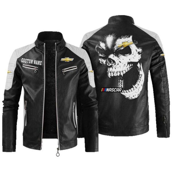 Custom Name Chevy Nascar Contrast Leather Jacket - Personalized Logo Car Motorcycle Model