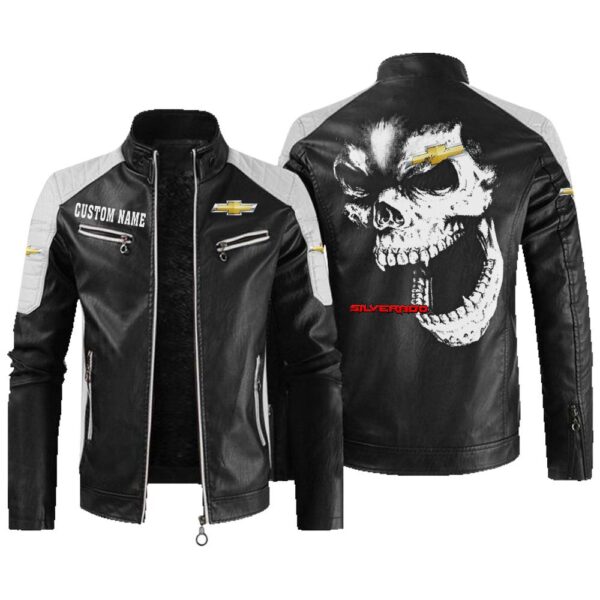 Custom Name Chevy Silverado Contrast Leather Jacket - Personalized Logo Car Motorcycle Model