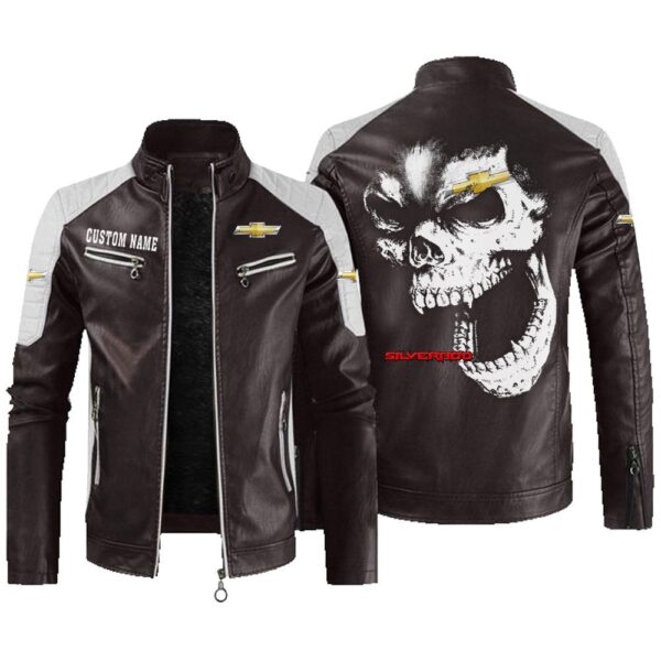Custom Name Chevy Silverado Contrast Leather Jacket - Personalized Logo Car Motorcycle Model - Image 3