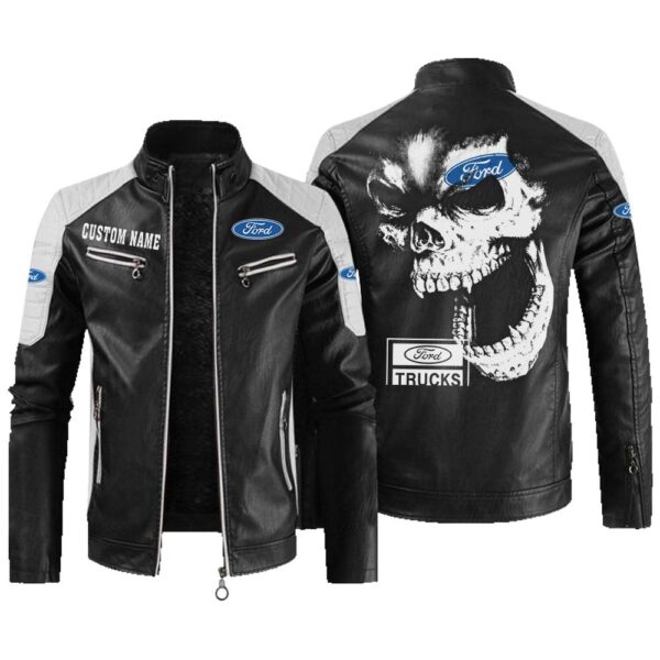 Custom Name Ford Truck Contrast Leather Jacket - Personalized Logo Car Motorcycle Model
