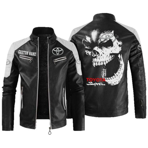Custom Name Toyota Supra Contrast Leather Jacket - Personalized Logo Car Motorcycle Model