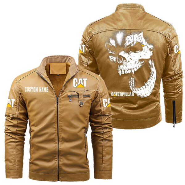 Custom Name Caterpillar Skull Leather Jacket - Personalized Logo Car Motorcycle Model - Image 10