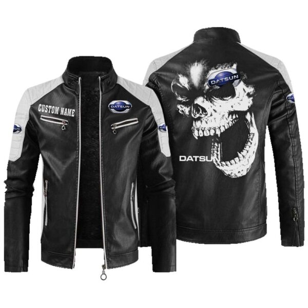 Custom Name Datsun Contrast Leather Jacket - Personalized Logo Car Motorcycle Model
