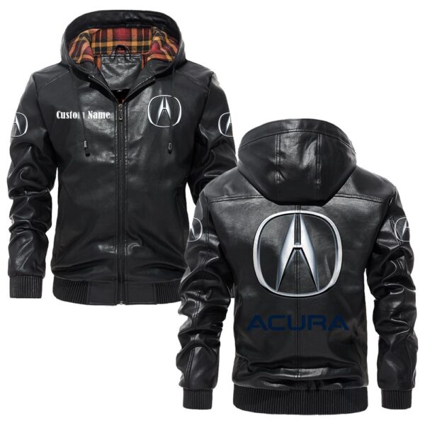 Custom Name Acura PU Leather Hooded Jacket – Personalized Logo Car Motorcycle Model