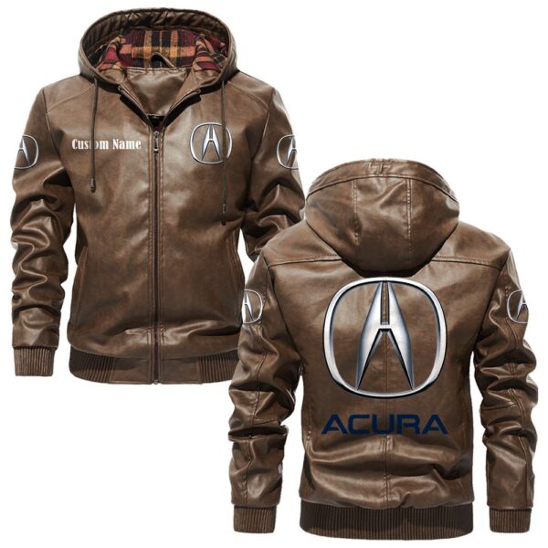 Custom Name Acura PU Leather Hooded Jacket – Personalized Logo Car Motorcycle Model - Image 3