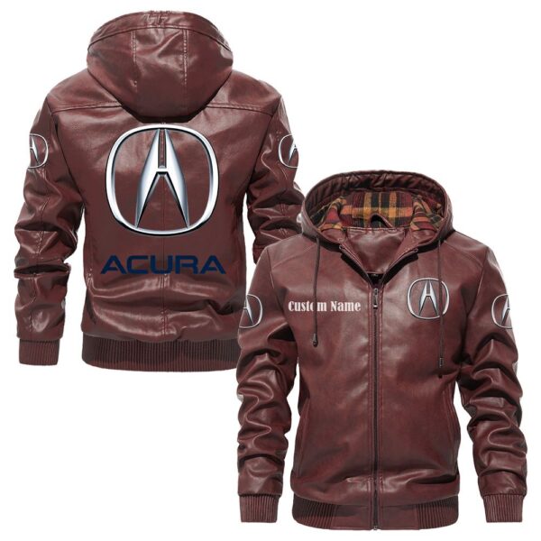 Custom Name Acura PU Leather Hooded Jacket – Personalized Logo Car Motorcycle Model - Image 2