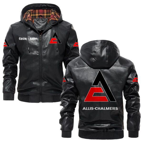 Custom Name Allis Chalmers PU Leather Hooded Jacket – Personalized Logo Car Motorcycle Model