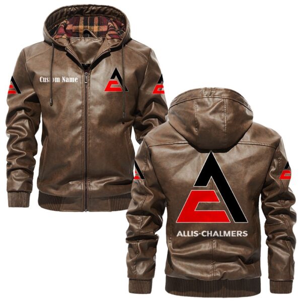 Custom Name Allis Chalmers PU Leather Hooded Jacket – Personalized Logo Car Motorcycle Model - Image 3