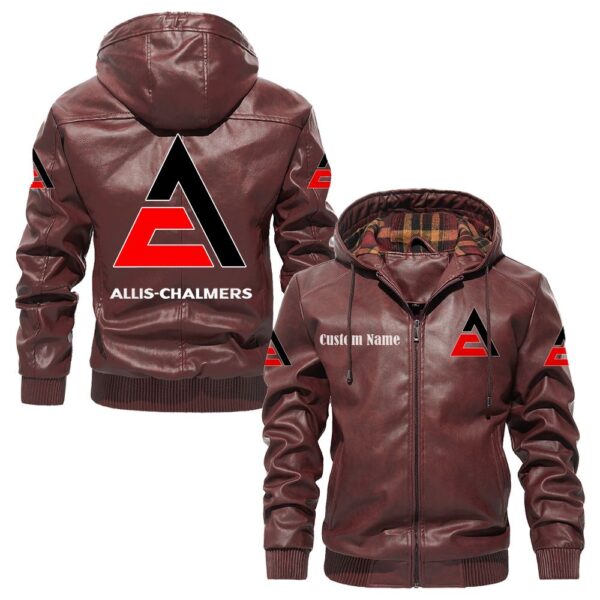 Custom Name Allis Chalmers PU Leather Hooded Jacket – Personalized Logo Car Motorcycle Model - Image 2