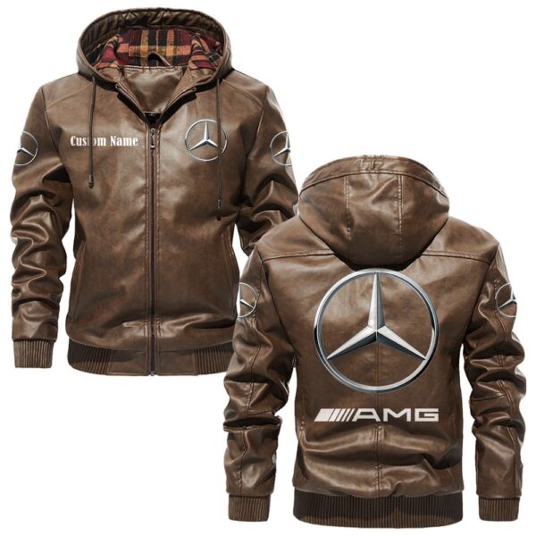 Custom Name Amg PU Leather Hooded Jacket – Personalized Logo Car Motorcycle Model - Image 3