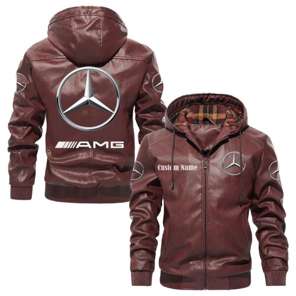 Custom Name Amg PU Leather Hooded Jacket – Personalized Logo Car Motorcycle Model - Image 2
