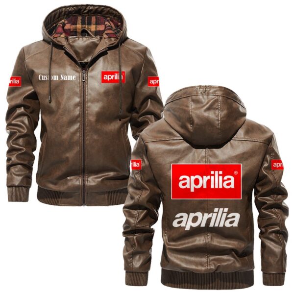 Custom Name Aprilia PU Leather Hooded Jacket – Personalized Logo Car Motorcycle Model - Image 3