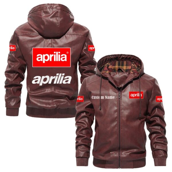 Custom Name Aprilia PU Leather Hooded Jacket – Personalized Logo Car Motorcycle Model - Image 2
