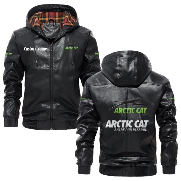Custom Name Arctic Cat PU Leather Hooded Jacket – Personalized Logo Car Motorcycle Model