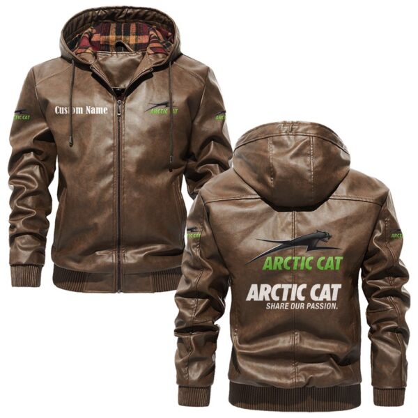 Custom Name Arctic Cat PU Leather Hooded Jacket – Personalized Logo Car Motorcycle Model - Image 3