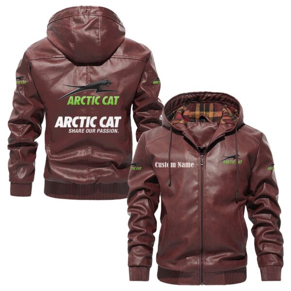 Custom Name Arctic Cat PU Leather Hooded Jacket – Personalized Logo Car Motorcycle Model - Image 2