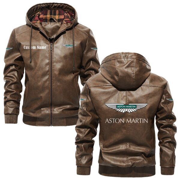 Custom Name Aston Martin PU Leather Hooded Jacket – Personalized Logo Car Motorcycle Model - Image 3