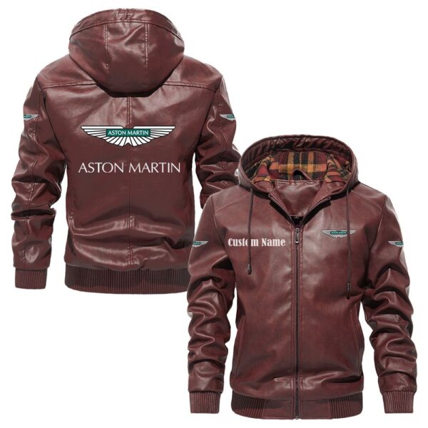 Custom Name Aston Martin PU Leather Hooded Jacket – Personalized Logo Car Motorcycle Model - Image 2