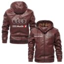 Custom Name Audi Sport PU Leather Hooded Jacket – Personalized Logo Car Motorcycle Model