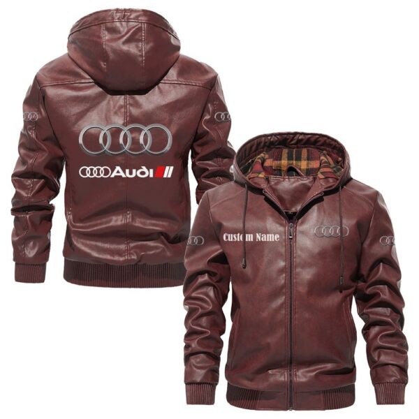 Custom Name Audi Sport PU Leather Hooded Jacket – Personalized Logo Car Motorcycle Model - Image 2