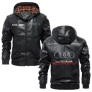 Custom Name Audi Quattro PU Leather Hooded Jacket – Personalized Logo Car Motorcycle Model