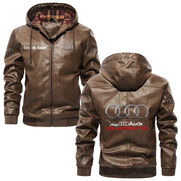 Custom Name Audi Quattro PU Leather Hooded Jacket – Personalized Logo Car Motorcycle Model - Image 3