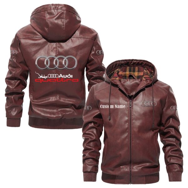 Custom Name Audi Quattro PU Leather Hooded Jacket – Personalized Logo Car Motorcycle Model - Image 2