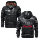 Custom Name Audi PU Leather Hooded Jacket – Personalized Logo Car Motorcycle Model