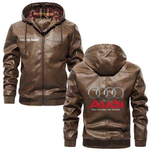 Custom Name Audi PU Leather Hooded Jacket – Personalized Logo Car Motorcycle Model - Image 3