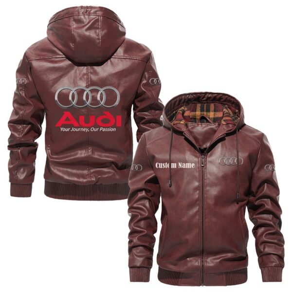Custom Name Audi PU Leather Hooded Jacket – Personalized Logo Car Motorcycle Model - Image 2