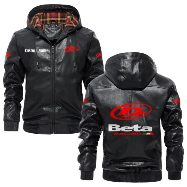 Custom Name Beta PU Leather Hooded Jacket – Personalized Logo Car Motorcycle Model