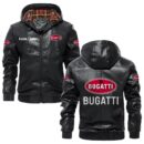 Custom Name Bugatti PU Leather Hooded Jacket – Personalized Logo Car Motorcycle Model