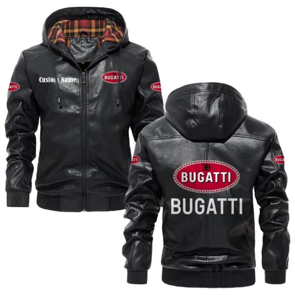 Custom Name Bugatti PU Leather Hooded Jacket – Personalized Logo Car Motorcycle Model
