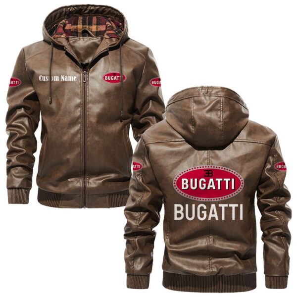 Custom Name Bugatti PU Leather Hooded Jacket – Personalized Logo Car Motorcycle Model - Image 3
