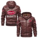 Custom Name Bugatti PU Leather Hooded Jacket – Personalized Logo Car Motorcycle Model