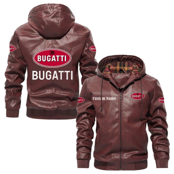 Custom Name Bugatti PU Leather Hooded Jacket – Personalized Logo Car Motorcycle Model - Image 2