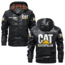 Custom Name Caterpillar PU Leather Hooded Jacket – Personalized Logo Car Motorcycle Model