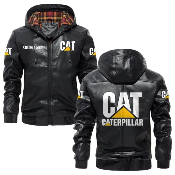 Custom Name Caterpillar PU Leather Hooded Jacket – Personalized Logo Car Motorcycle Model