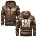 Custom Name Caterpillar PU Leather Hooded Jacket – Personalized Logo Car Motorcycle Model