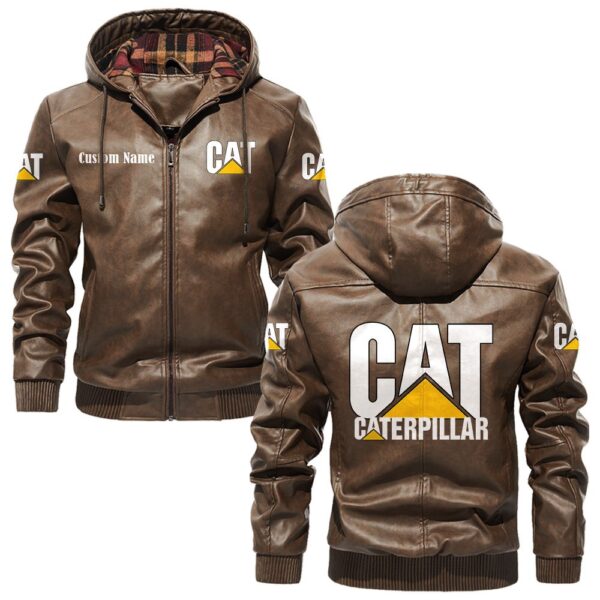 Custom Name Caterpillar PU Leather Hooded Jacket – Personalized Logo Car Motorcycle Model - Image 3