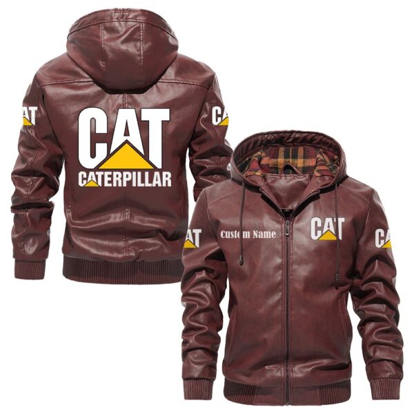 Custom Name Caterpillar PU Leather Hooded Jacket – Personalized Logo Car Motorcycle Model - Image 2